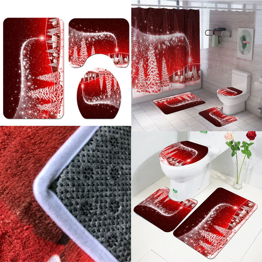 3PCS Christmas Toilet Seat Cover Xmas Tree Snow Bathroom Mat Xmas Decor Bathroom Toilet Seat Cover Rug Home Decoration