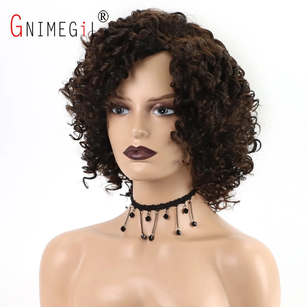 GNIMEGIL Female Afro Kinky Curly Wig Synthetic Fiber Colly Curls Wigs for Black Women Fashion Dark Brown Hair Replacement Wig