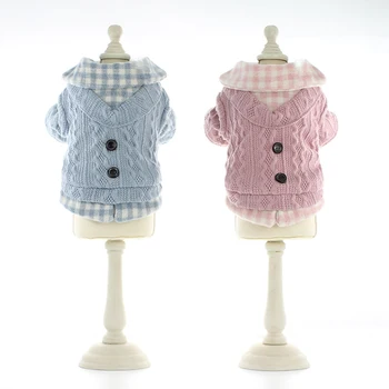 

Fake Two Pcs Plaid Design Warm Sweaters for Dogs Autumn and Winter Dog Clothes with Buttom Dog Outfit Clothing Pink Blue