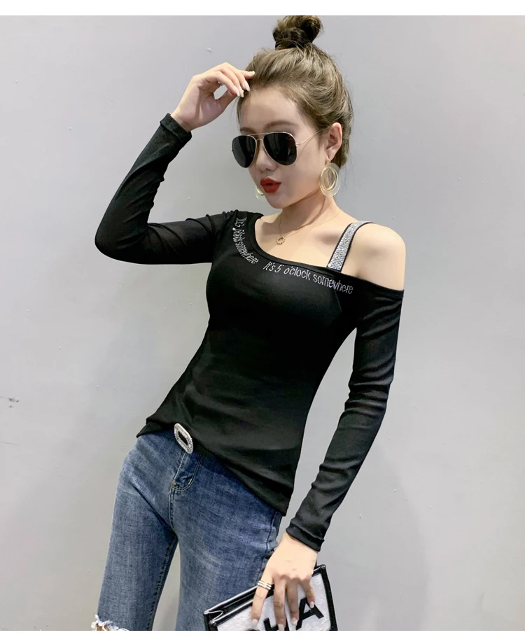 2020 Autumn New women tops Fashion long sleeve sexy off the shoulder women t-shirt hot drilling Elegant slim women clothing