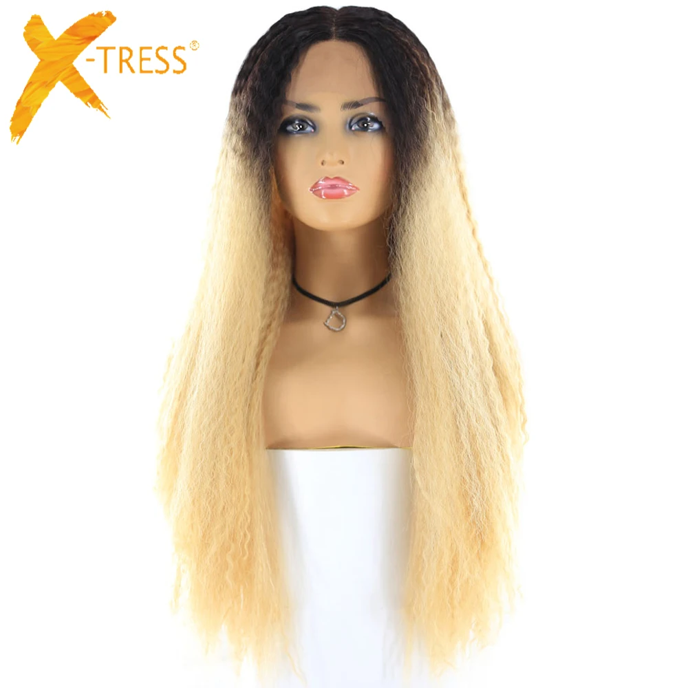 

Blonde Ombre Color Synthetic Lace Front Wigs For Women X-TRESS 26inch Long Kinky Straight Lace Wig Middle Part Africa Hairstyle