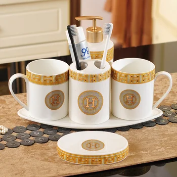 

Bathroom Accessories Set Ceramic Soap Dispensers Toothbrush Holder Gargle Cups Soap Dish With Tray Set Marry Birthday Present