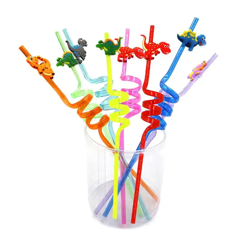 16pcs Disposable Cartoon Dinosaur Straws Plastic Juice Drinking Straw Party Supplies Photo Props Kitchenware(Mixed Colors