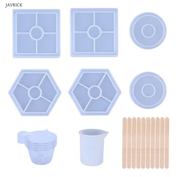 

Silicone Resin Mold Set Square Round Hexagon Epoxy Mould with Measuring Cup Wood Stick DIY Coaster Home Decoration Accessories