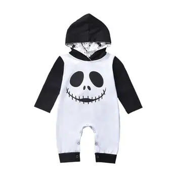 

Infant Baby Boys Halloween Cartoon Skull Print Hooded Long Sleeve Romper Jumpsuit Fashion Autumn Clothes With Newly Design