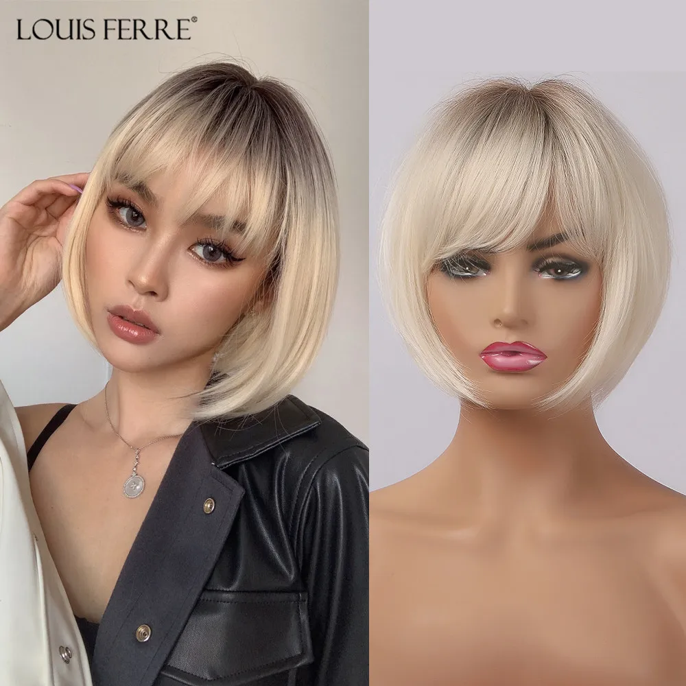 Louis Ferre Parrucche Corte Bionde Con Frangia Parrucche Sintetiche Per Capelli Biondi Ombre Resistenti Al Calore Per Donne Bianche/Nere