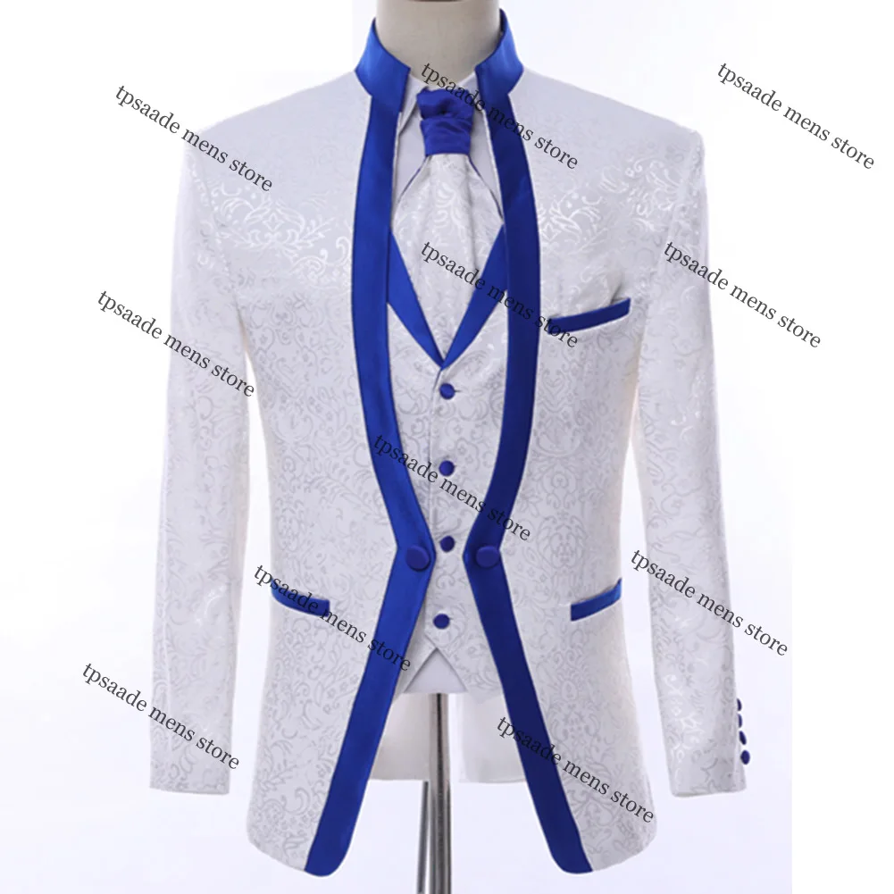 White Royal Blue Rim Stage Clothing For Men Suit Blazer Set Mens Wedding Suits Costume Groom Tuxedo Formal 3 Piece Male Outfits