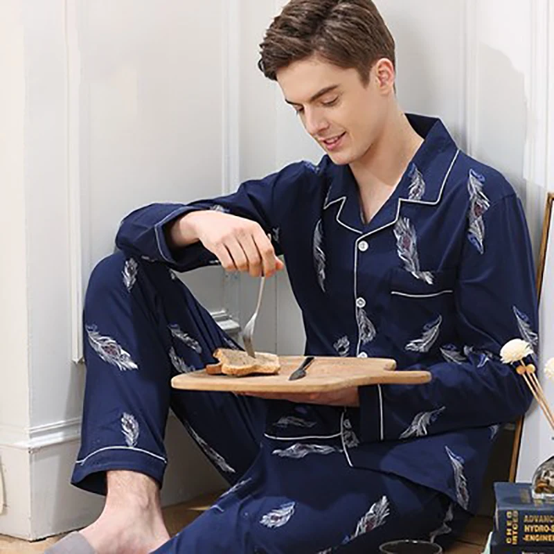 mens christmas pjs Men Sleepwear Pajamas Set for Men Casual Home Clothe Autumn Winter Nightwear Suit Full Sleeve Long Pants Striped Pyjamas Set cotton pyjama set