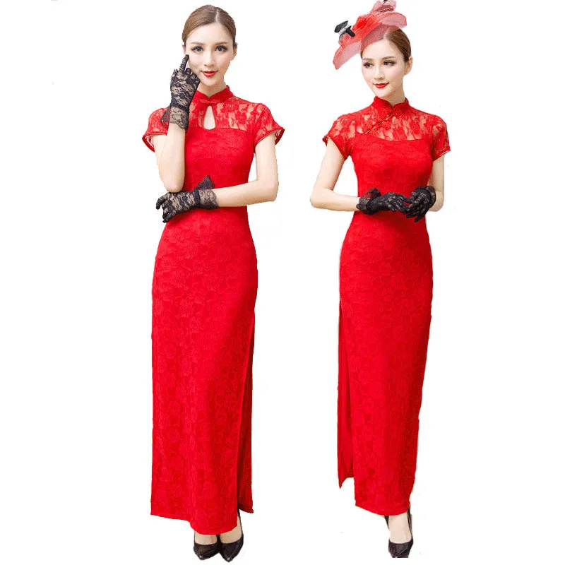 Cheongsam Китайский(Традиционный) Для женщин этап длинное платье Производительность летнее кружевное платье короткий рукав Qipao пикантные Разделение большой Размеры 3XL 4XL 5XL