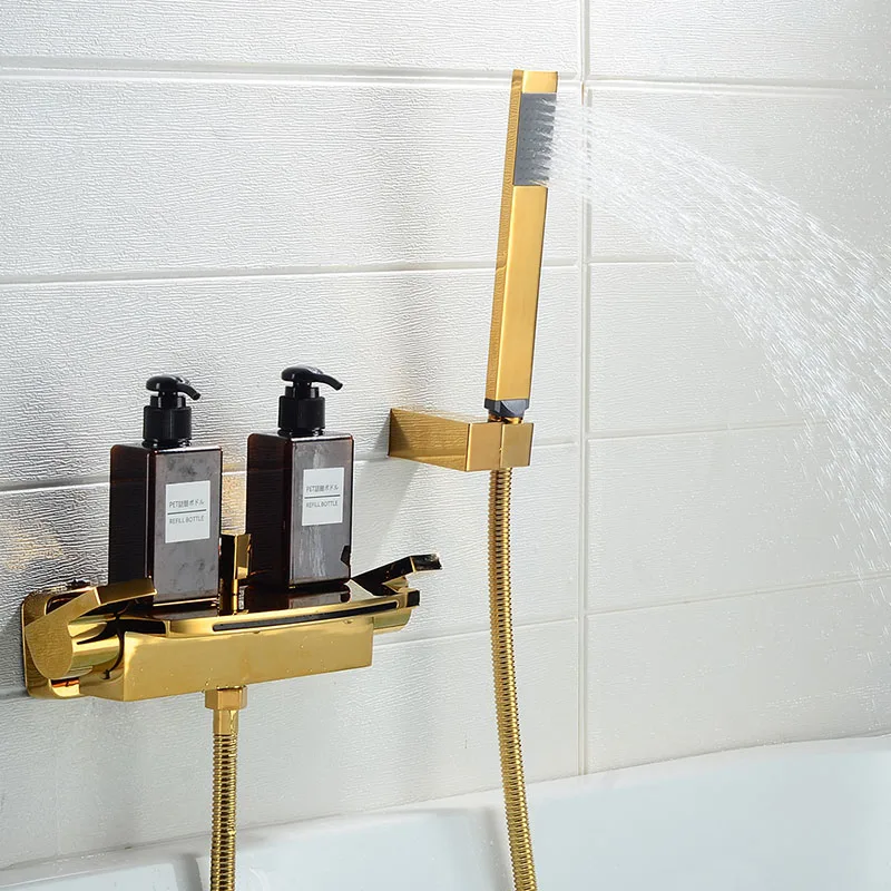 Brass Bath Shower Faucets black Waterfall shower set Rain taps bathroom mixer faucet wall mounted shower faucet - Color: Gold