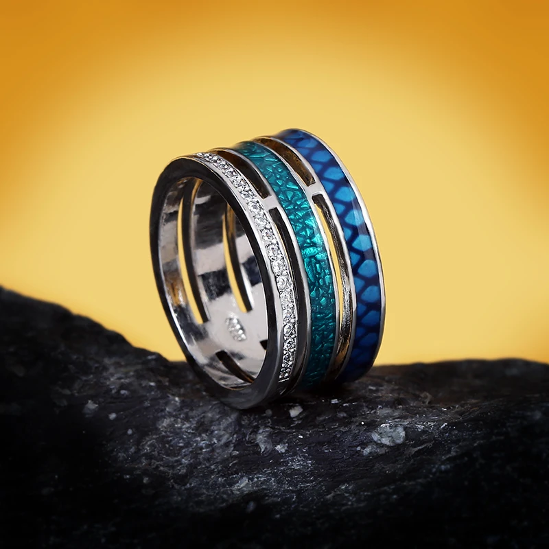 Creative Rings for Women Three-layer Blue Zircon Geometric Ring Handmade Enamel Women's Jewelry Engagement Rings for Women wedding rings silver rings silver ring gold plated rings gold plated silver ring silver plated ring gold rings gemstone ring natural stone ring