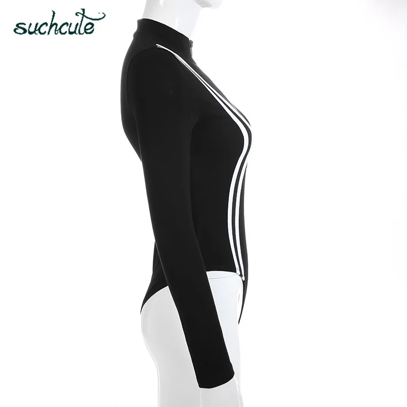 SUCHCUTE Black Stripe Overalls For Women Body Bodysuit Autumn Skinny Femme Top Shirt Sexy Black Long Sleeve Short Jumpsuit