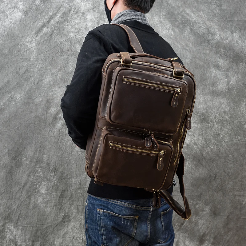 High Quality Leather Backpack Double Zipper Cowhide Backpacks Brief Case Travel Office Dual Use Shoulder Bags Pure Leather - Hd48d7e5a11524fcaa19b8e6518e18b4eT 