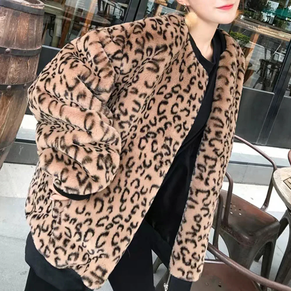 

Winter 2020 Women Fashion Loose Casual Faux Fur Overcoat Long Sleeve Zipper Leopard Print Lazy Style Fur Jackets Outwear Lady