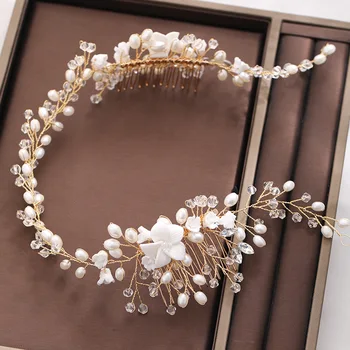 

SLBRIDAL Handmade Crystals Rhinestones Pearls Ceram Flower Bridal Hair accessories Hair Comb Wedding Hair Vine Women Jewelry