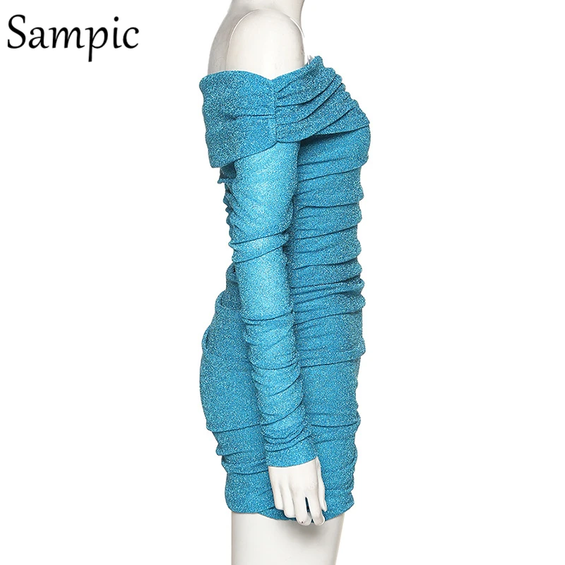 Sampic, сексуальное женское Клубное платье для ночного клуба, vestidos, блестящие, с длинным рукавом, вечерние, облегающее платье, короткое, модное, с блестками, с открытыми плечами