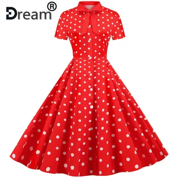 

Red Polka Dot Printed Vintage Dress Women 2020 Summer Retro 50s 60s Swing Pin Up Rockabilly Party Dress Robe Vestidos Plus Size