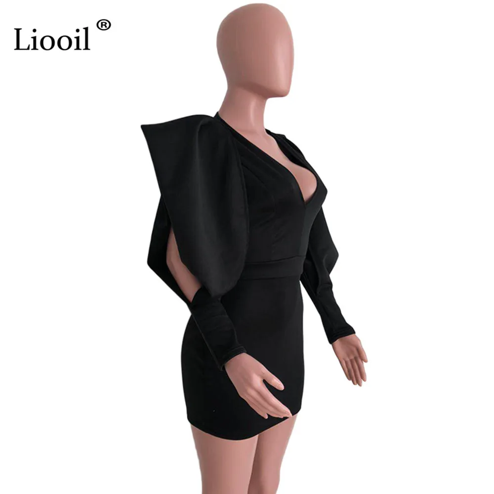 Liooil, сексуальное облегающее мини-платье, Женская Клубная одежда, наряд, Осень-зима, длинный рукав, с разрезом, v-образный вырез, черные облегающие платья, женские вечерние платья