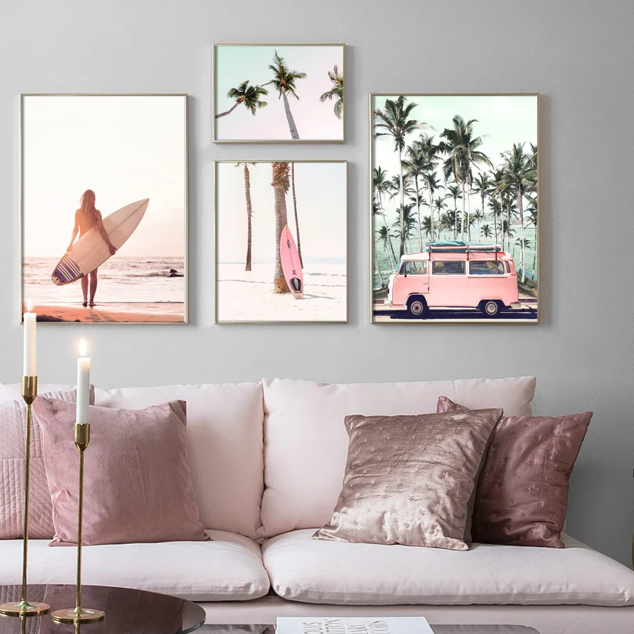 Pink-Beach-Flamingo-Palm-Tree-Surfboard-Wall-Art-Canvas-Painting-Nordic-Posters-And-Prints-Wall-Pictures (1)