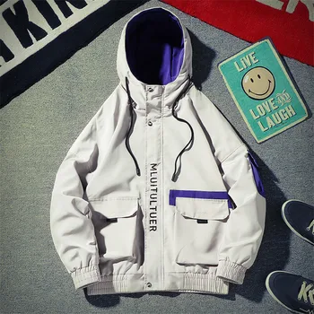 

Fashion Spring 2020 New Hooded Bomber Jackets Men Patchwork zipper Jacket Casual baseball Coat Men Hip Hop Clothing Streetwear
