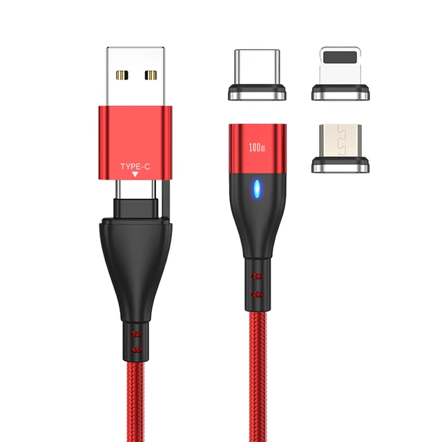 100W USB C To USB Type C Magnetic Charging Cable PD Fast Charger 3 in 1 USB Wire Cord For Xiaomi Samsung Macbook iPad Laptop Red With 3Tips