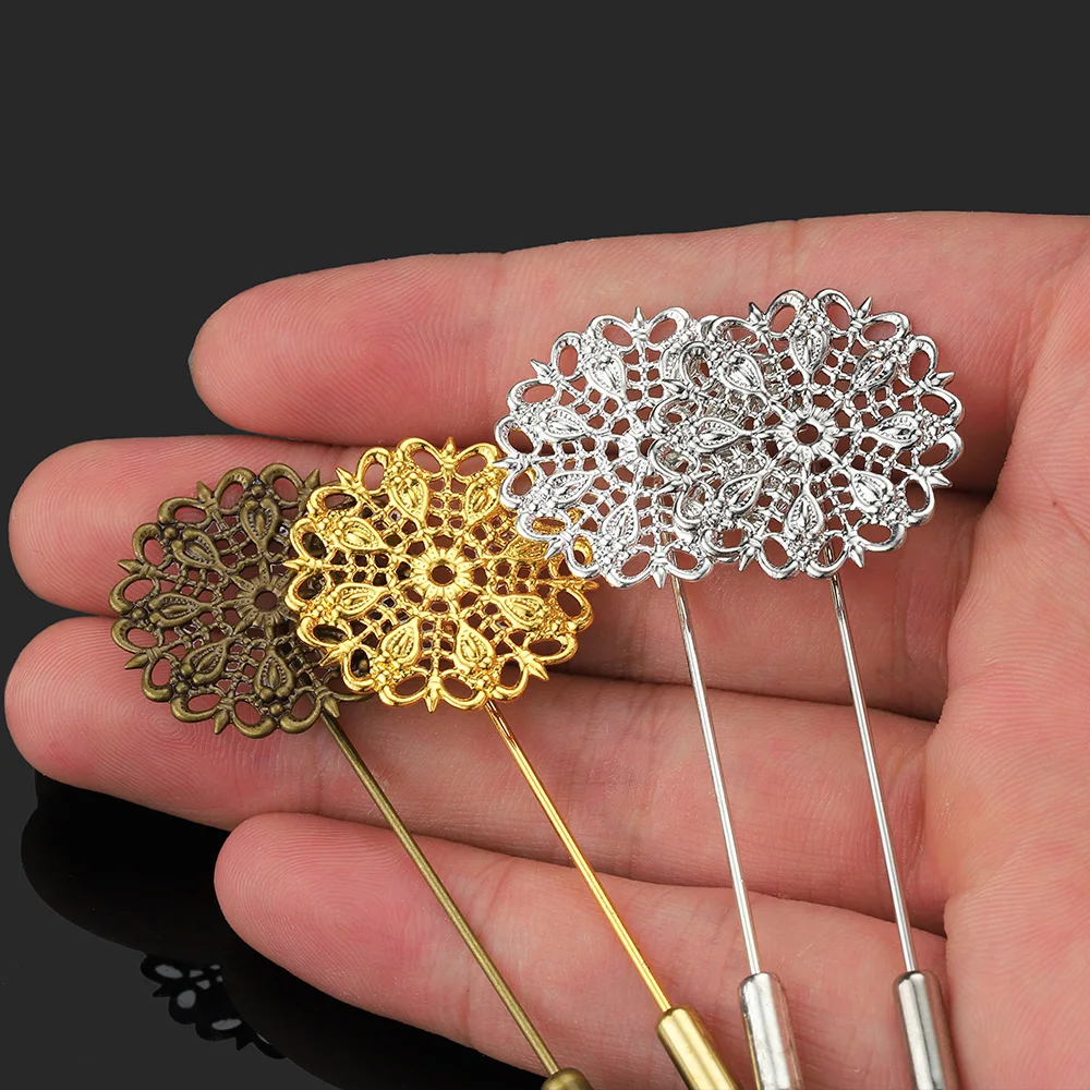 5 stücke 25mm Brosche Filigrane Blume Pin Basis Boutonniere Aushöhlen Stick Basis Einstellung Revers Brosche für Hochzeit schmuck Machen DIY – Detail 2