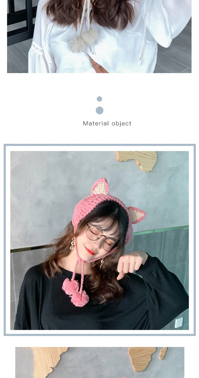 Женская милая шапка с кошачьими ушками, осенняя и зимняя вязаная шерстяная шапка в Корейском стиле