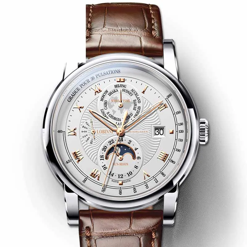 Швейцарские роскошные Брендовые Часы LOBINNI, Мужские автоматические механические часы, многофункциональные сапфировые часы с фазой Луны, мужские часы - Цвет: White Brown