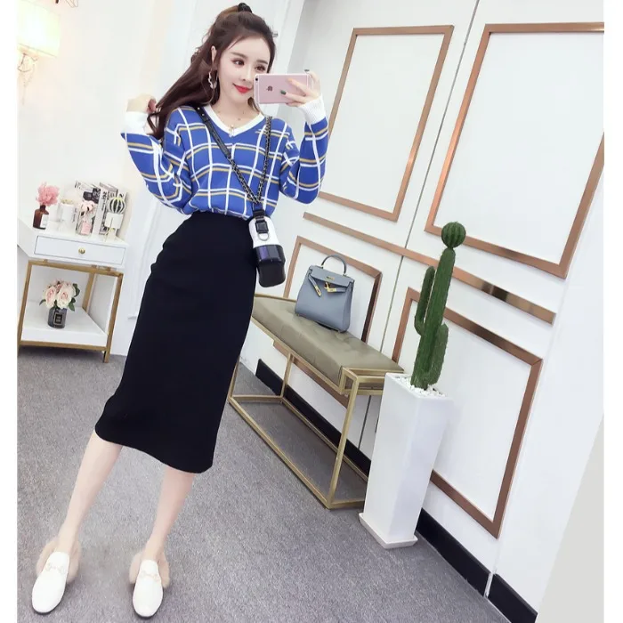 

Early Autumn Blouses Young Sweater Early Autumn WOMEN'S Suit 2019 Ozhouzhan Slit Knitted Skirt Two-Piece Set