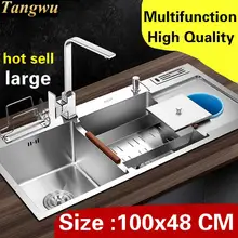 Квартира кухня ручная раковина двойной паз многофункциональный мыть овощи 4 мм 304 Нержавеющая сталь 100x48 см