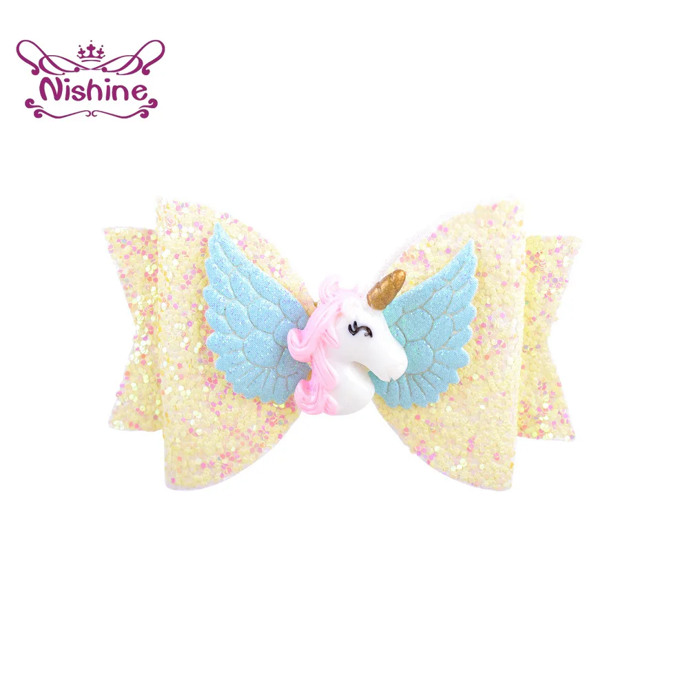 Nishine Lovely Cartoon Wings Unicorn Bowknot Infant Hair Clips Colorful Sequins Bows Baby Girls Hairpins DIY Children Headwear