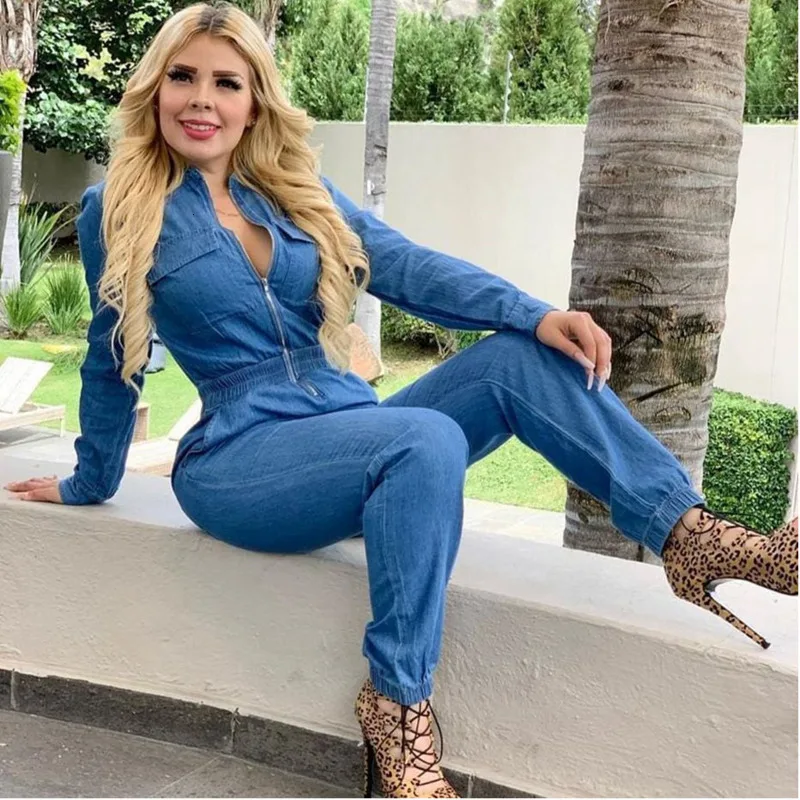 Denim Rompers Womens Zipper Fly Jumpsuit Autumn Winter One Piece Outfits Jeans Overalls Night Club Party Long Sleeve Jumpsuits