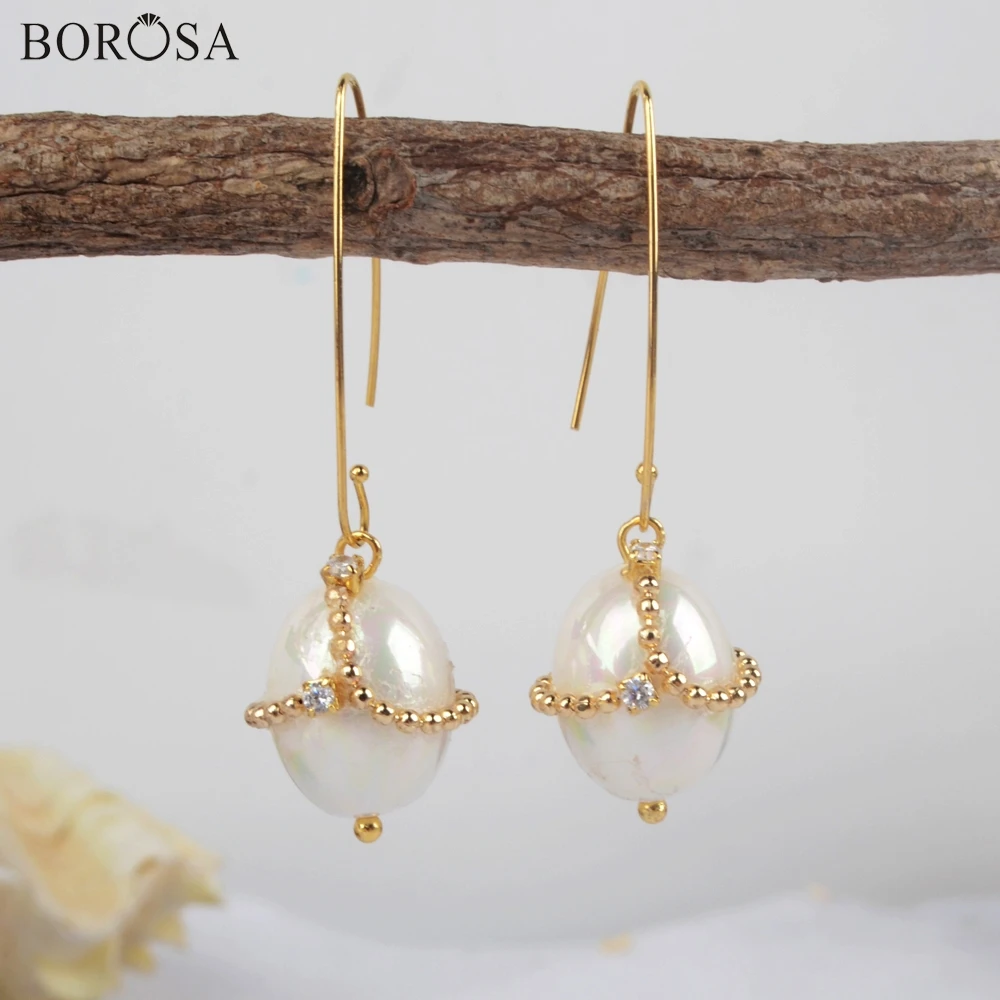 BOROSA, трендовые серьги-капли с жемчугом, циркониевые свисающие серьги с жемчугом для женщин, позолоченные свадебные серьги, ювелирные изделия WX1273-E