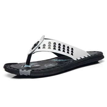 

Genuine Leather Sandals Men Summer Shoes Flat Mens Beach Sandals Flip Flops Non-slip Male Summer Holiday Shoes White A2320