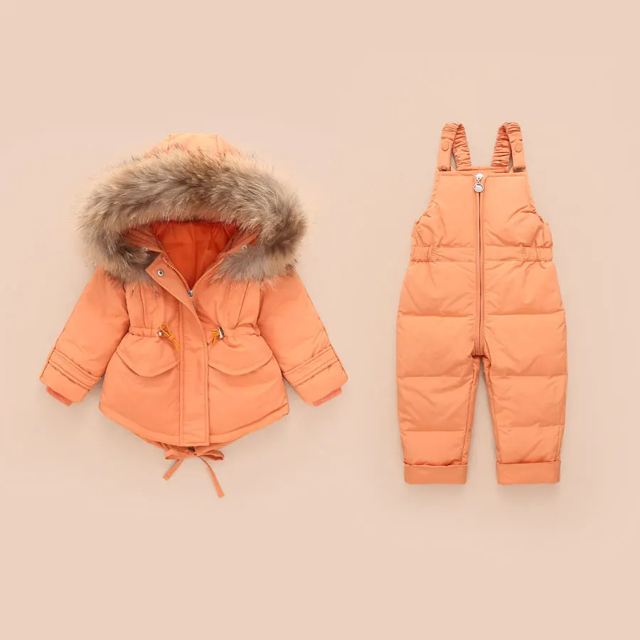 Зимние теплые комплекты детской одежды зимний детский лыжный костюм с натуральным мехом для маленьких девочек, детский лыжный костюм, зимний пуховик+ штаны для мальчиков 2-3 лет