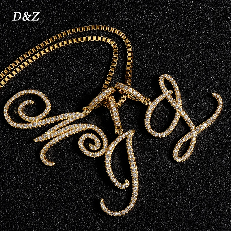 D &amp Z новый A-Z курсивных букв имя кулон ожерелье с коробкой цепи льдом кубический