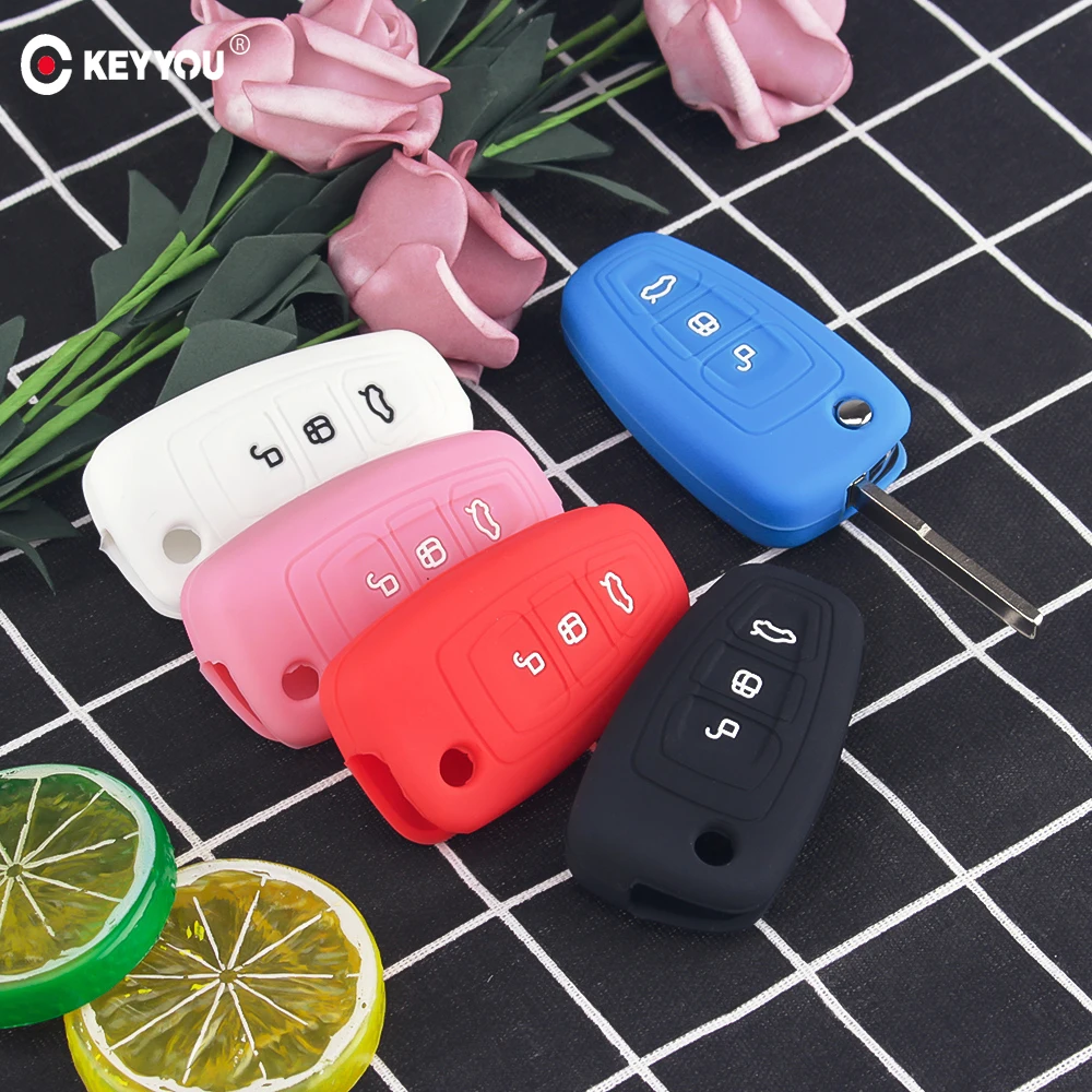 

KEYYOU Silicone Cover For Ford Ranger C-Max S-Max Focus Galaxy Mondeo Transit Tourneo Custom Car Flip folding Remote key Case