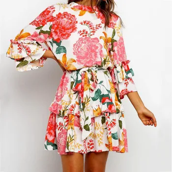 

Free ShippingBoho Print Holiday Short Dress Summer Dress Women Fashion Lace Up Ruffle Flaral Sleeve