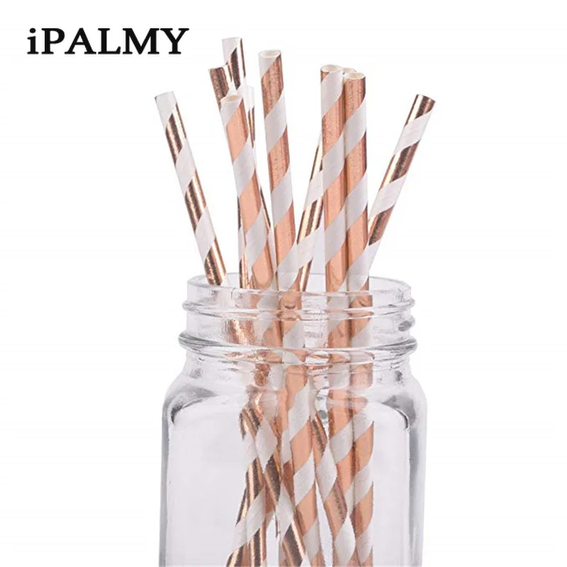 ipalmay 100pcs Eco-friendly Biodegradable Stripe Straws Rose Gold Silver Foil Gold Paper Drinking Straws for Party Decorations