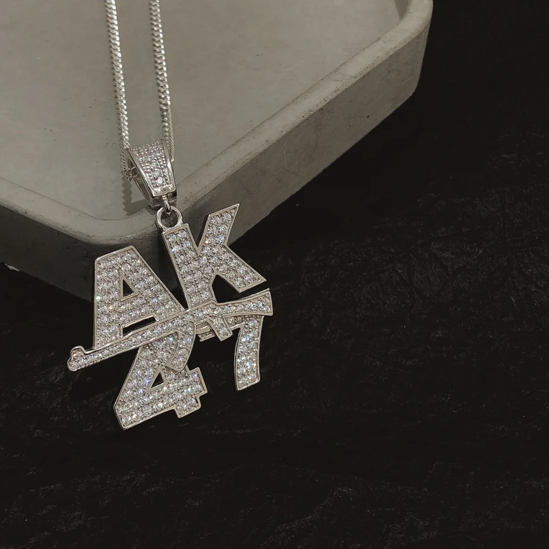 

Hip Hop AK47 Character Necklace High Street Retro Couple 925 Sterling Silver Inlaid Zircon Diamond-studded Pendant