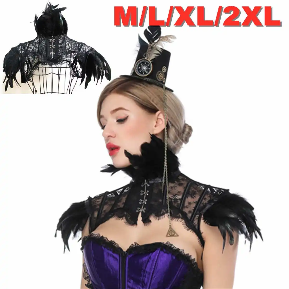 Women Retro Vintage Punk Gothic Feather Collar Shoulder Lace Cape Shrug Tops Halloween Party Goth Rave | Тематическая одежда и