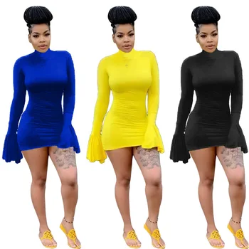

clothing OWLPRINCESS 2020 New Fashion Slim-Fit Flared Sleeves Dress Solid color flared sleeve dress