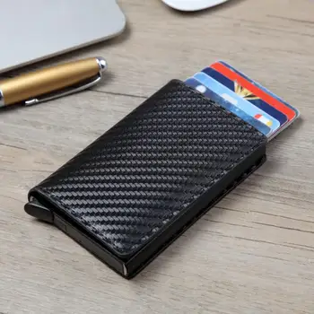 

Men Automatic Credit card holder carbon fiber Leather Wallet Aluminum Mini Wallet With Back Pocket ID Card RFID Blocking purse