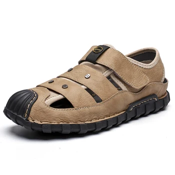 

2020 Leather Summer Sandals Men Leather Brown Beach Outdoor Shoes Men Sandals Comfortable Casual Flats Slip On Hiking Man Shoes