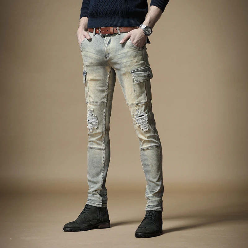 Vintage Men's Ripped Straight Jeans Streetwear Slim Fit Denim Trousers Stretch Retro Pants