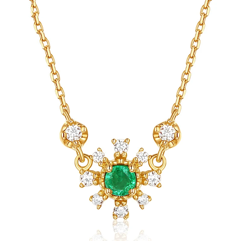 

Luxury 14K Pure Real Yellow Gold Genuine Emerald Flower Pendant Necklace for Women Solid Gemstone Crystal Charm Anniversary Gift