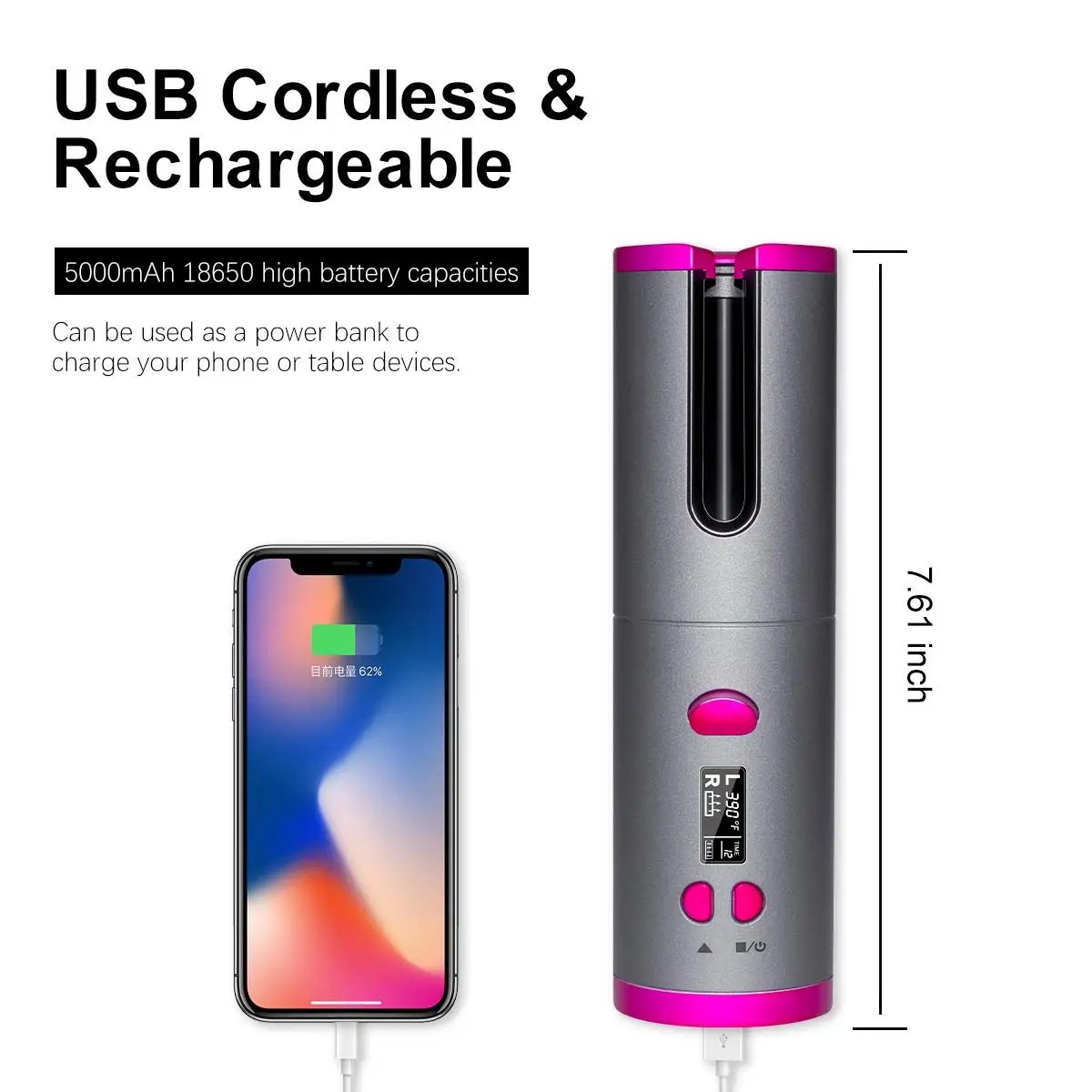 Cordless Automatic Rotating Hair Curler USB Rechargeable Curling Iron LED Display Temperature Adjustable styling tool Wave Styer Cordless Automatic Rotating Hair Curler USB Rechargeable Curling Iron LED Display Temperature Adjustable styling tool Wave Styer