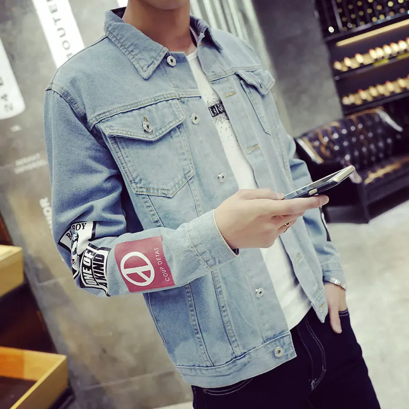 Hot 2020 Fashion Printed Denim jacket men slim retro spring autumn young students Japanese jacket long sleeve light color coat