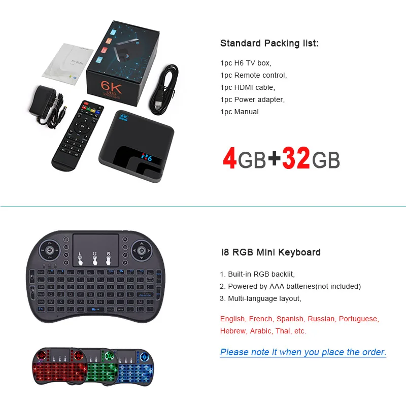 ТВ-бокс H6 Android 9,0 tv Box Allwinner H6 четырехъядерный 2 ГБ/16 ГБ 4 ГБ/32 ГБ телеприставка 6K 3D медиаплеер 2,4G wi-fi-приемник для ТВ - Цвет: 4GB 32GB i8rgb