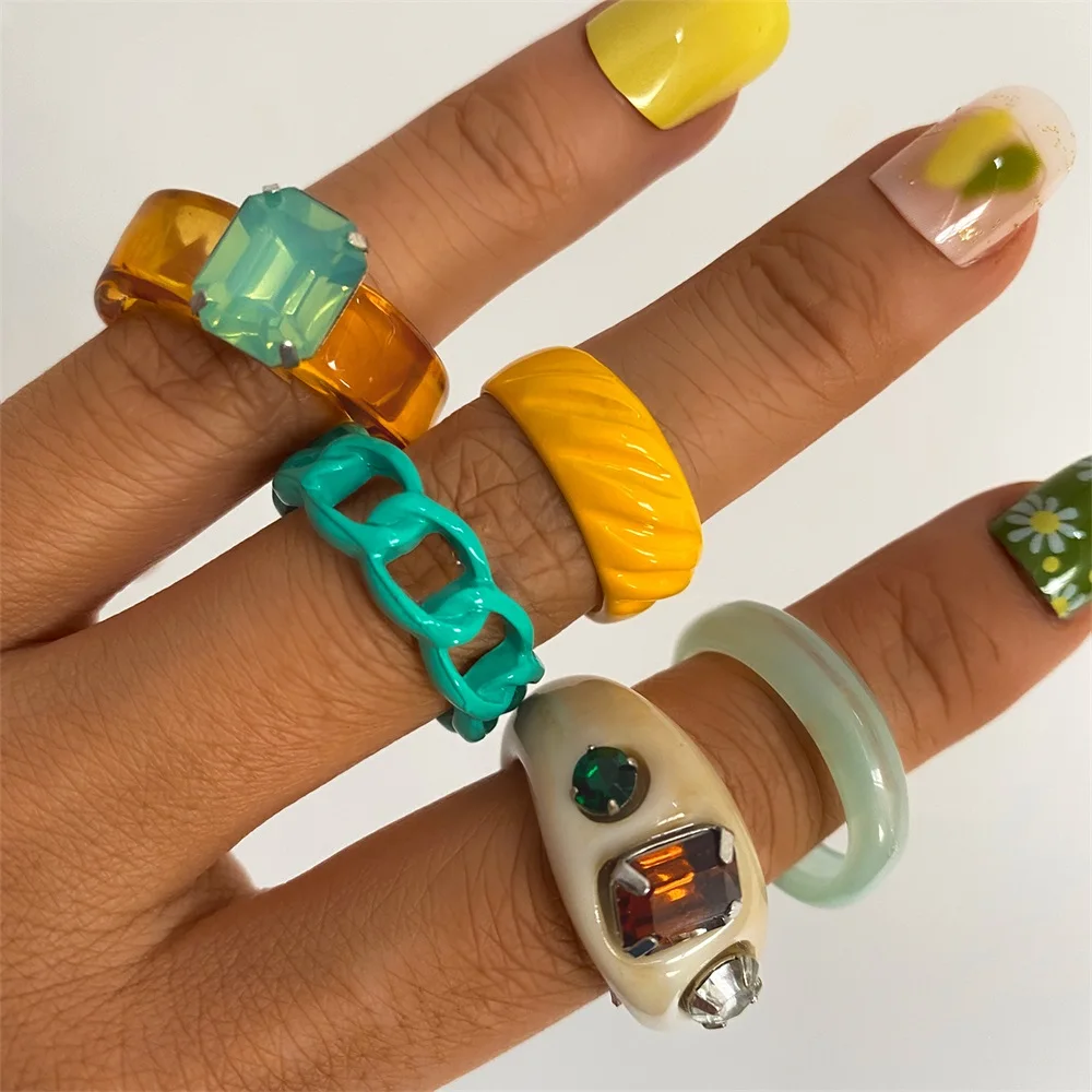 Ring Set Y2K Style Korean Colorful Resin Chain Rings For Women Fashion Heart Ring
